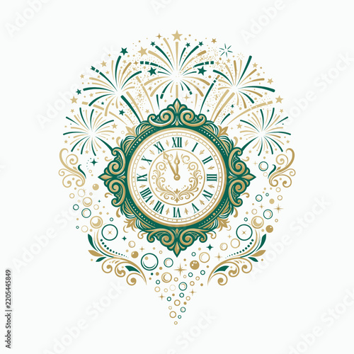 Ornate Vintage Clock Frame Design with Festive Gold Fireworks and Baroque Decoration for Elegant Wallpaper Art
