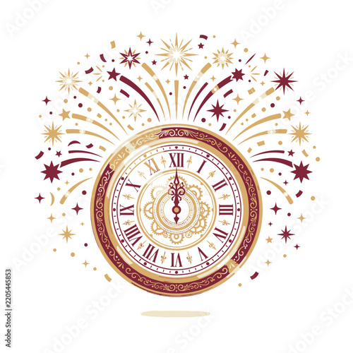 Ornate Vintage Gold Clock Frame Background with Festive Stars and Swirls Elegant Retro Decoration Design