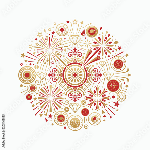 Vintage Art Deco Gold and Red Fireworks Pattern Illustration Retro Celebration Design Graphic Background