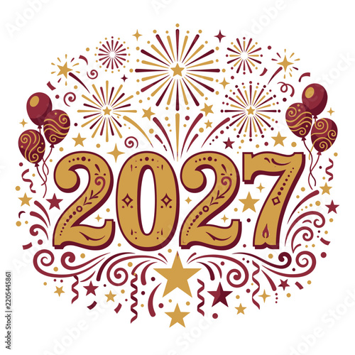 Vintage Gold 2027 Celebration Art with Fireworks Balloons Festive Retro Background Design for New Year Party