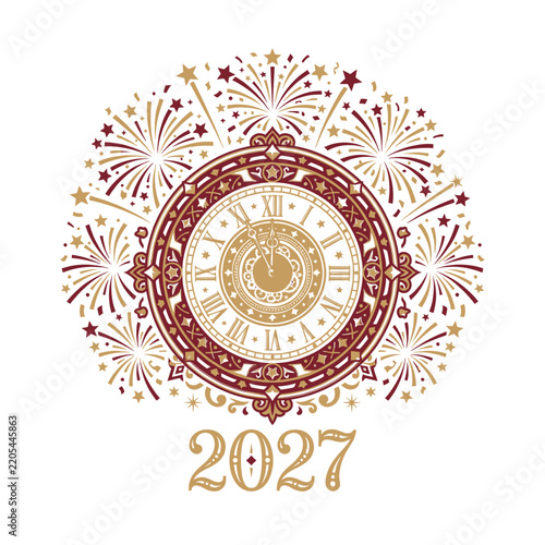 Vintage Clock Art with Fireworks Frame Design for the Year 2027 Retro Decorative Border Illustration