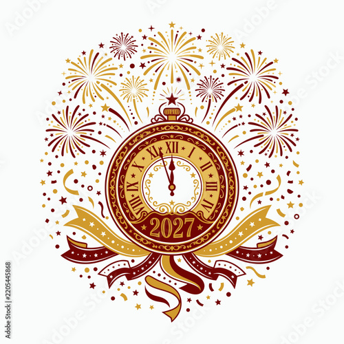 Vintage New Year Clock Firework Celebration Design for 2027 Festive Holiday Background Art
