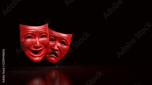 Red Comedy and Tragedy Theater Masks on Black Background 3d render.