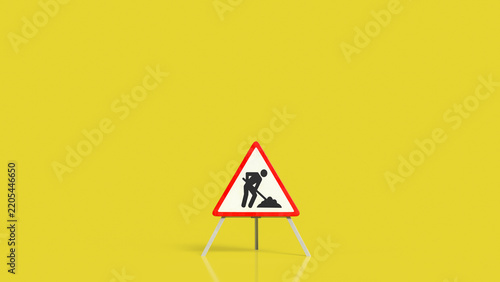 Road Construction Warning Sign on Bright Yellow Background 3d render.