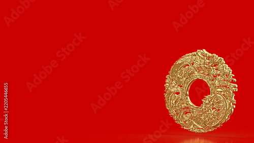Ornate Golden Chinese Dragon Medallion on Red Background 3d render.