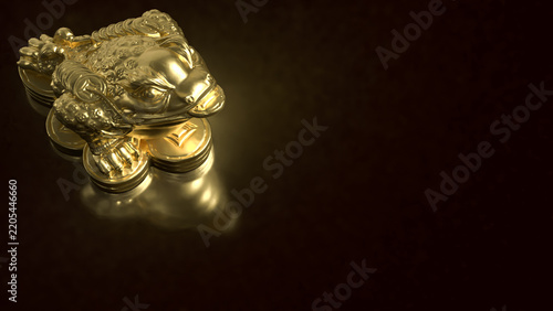 Golden Feng Shui Money Frog on Coins Symbolizing Wealth and Prosperity 3d render.