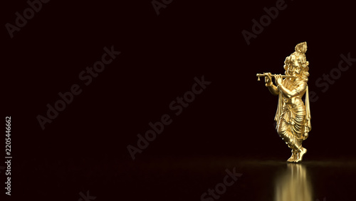 Golden Lord Krishna Playing Flute on Dark Background with Copy Space 3d render.