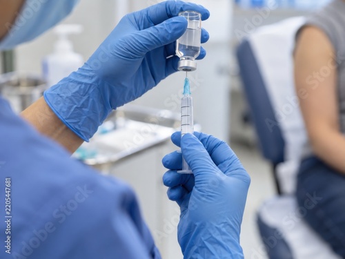 A healthcare worker in blue gloves preparing a vaccine dose from a vial into a plastic syringe.
