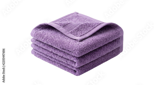Purple stack of cotton bath towels, soft folded terrycloth hand towels, luxury spa bathroom textiles isolated on white background