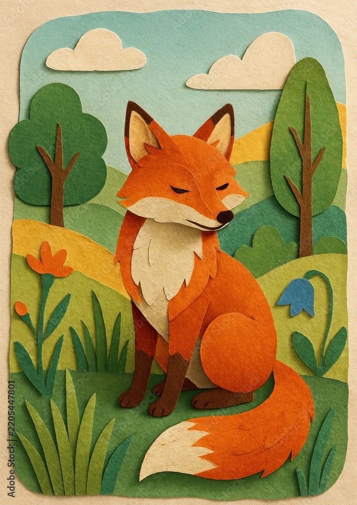 Fototapeta premium Whimsical fox paper art landscape