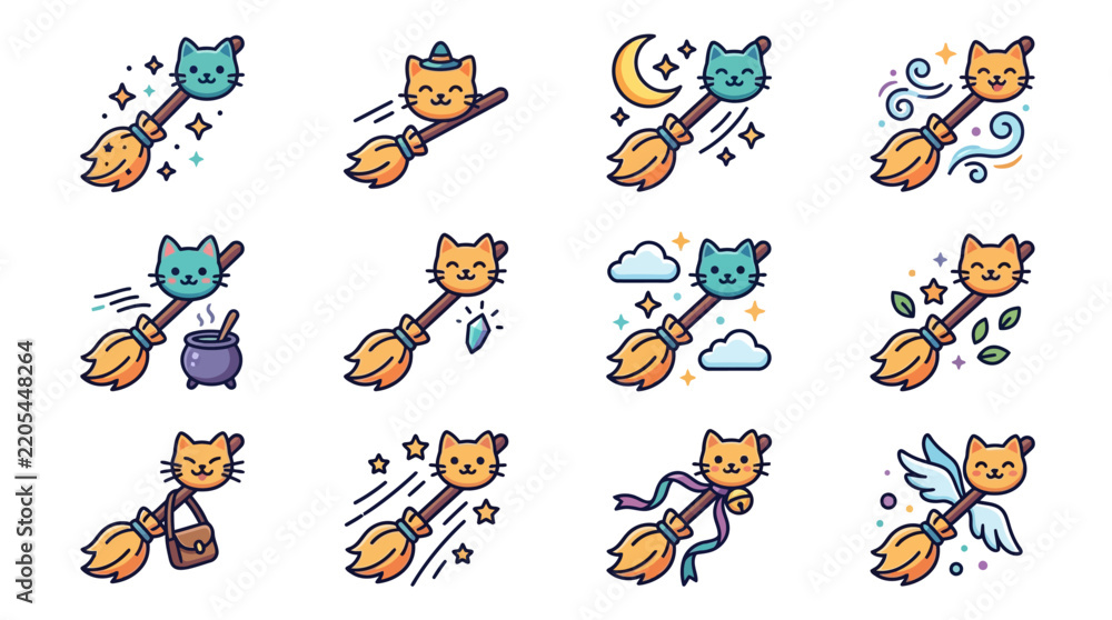 Obraz premium Cute Cat Witch Flying Broomstick Icons Set.