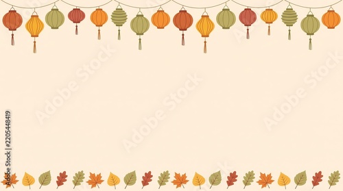autumn fall banner border with red asian lanterns and dry leaves for mid autumn festival holiday greeting card invitation design copy space text ad art web sale promo deco graphic.