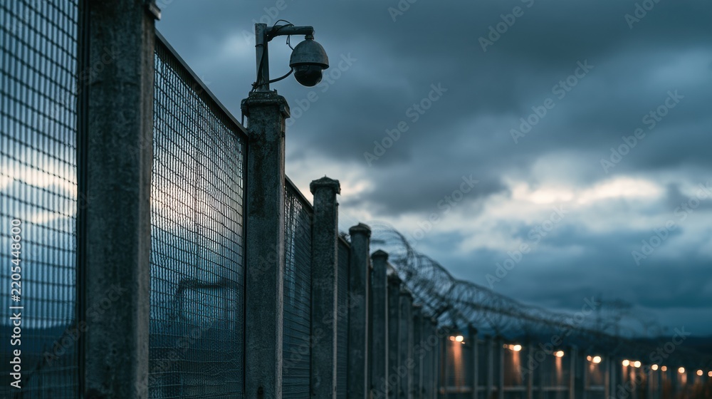 Obraz premium High security perimeter fence surrounds military facility. Concrete posts and surveillance cameras are clearly visible in dark cloud light.