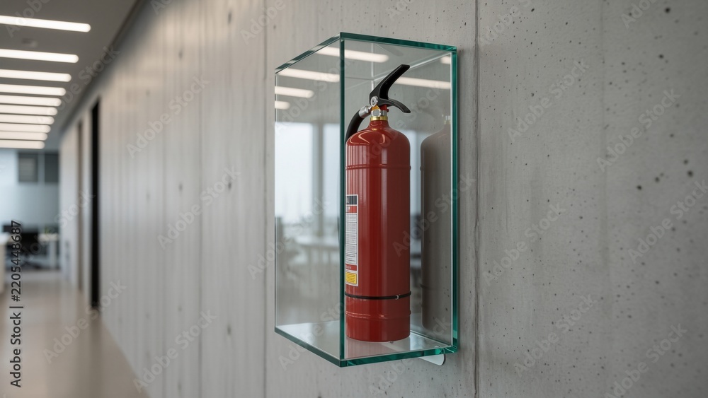 Obraz premium Safety - Red fire extinguisher in a glass case on a modern concrete wall in an office