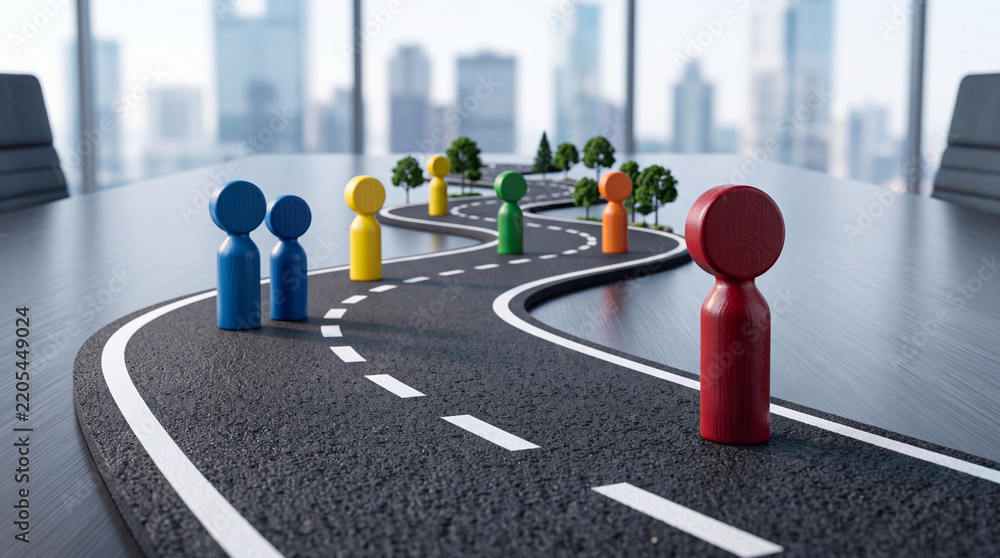 Obraz premium Strategic business roadmap concept featuring colorful wooden peg people figures on a winding asphalt road model across a boardroom table with a blurry metropolitan city skyline background.