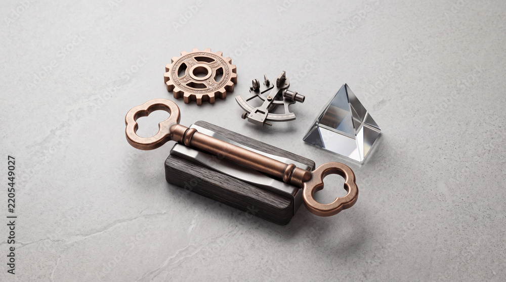 Obraz premium Conceptual still life featuring an antique double-headed bronze key on a wooden base, alongside a metallic gear, a navigational sextant, and a glass prism over a textured stone surface.