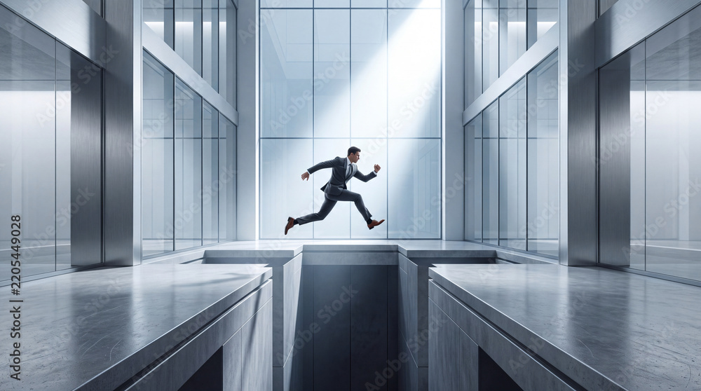 Obraz premium Determined businessman in a formal suit jumping over a deep gap between modern corporate office buildings, symbolizing career ambition, risk-taking, overcoming obstacles, and professional success.