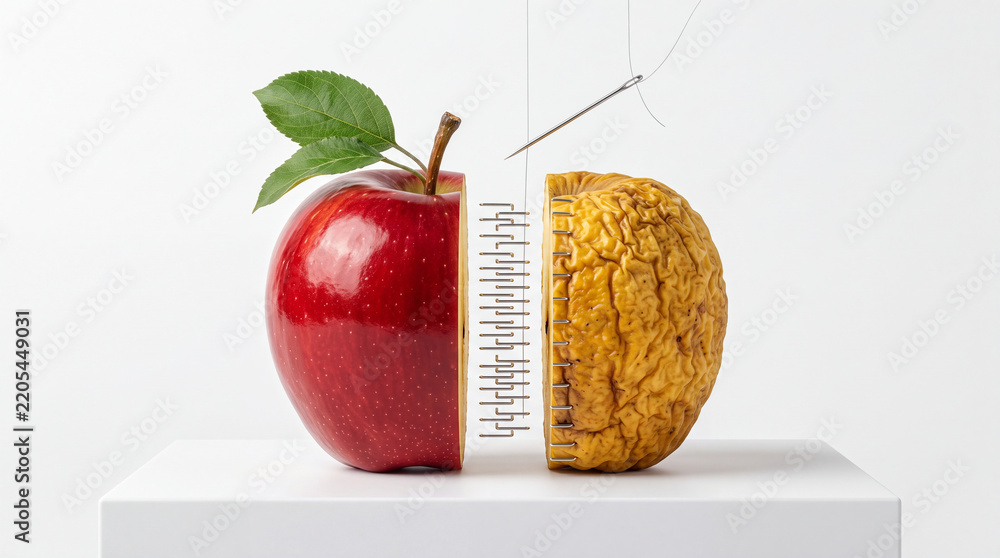 Obraz premium Conceptual Art of a Fresh Red Apple Half Being Stitched Together with a Withered Yellow Decaying Half Using Metal Staples and Needle, Symbolizing Aging, Preservation, and Transformation
