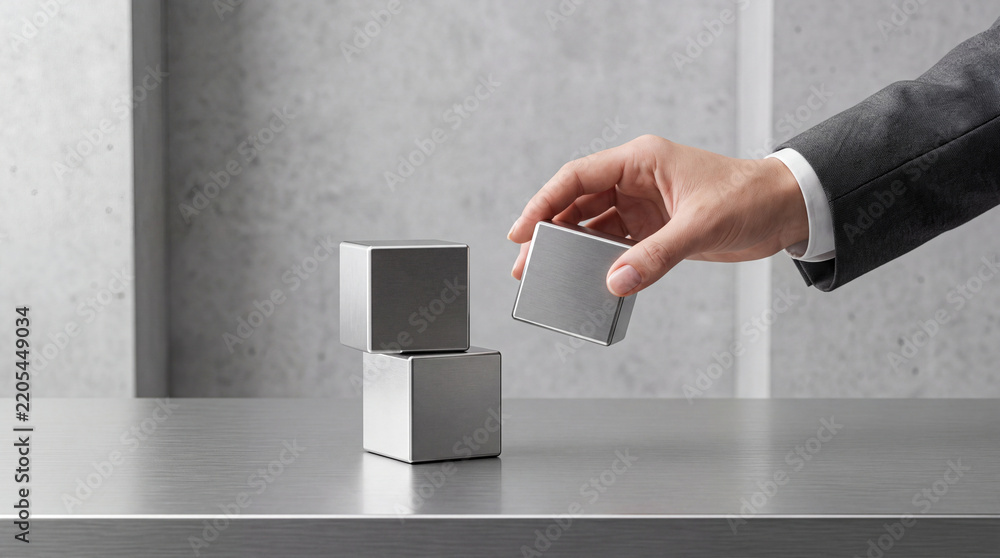 Obraz premium Businessman hand stacking brushed metal cubes on a sleek grey surface, representing corporate growth, strategic planning, building foundation, and professional development in a modern office.