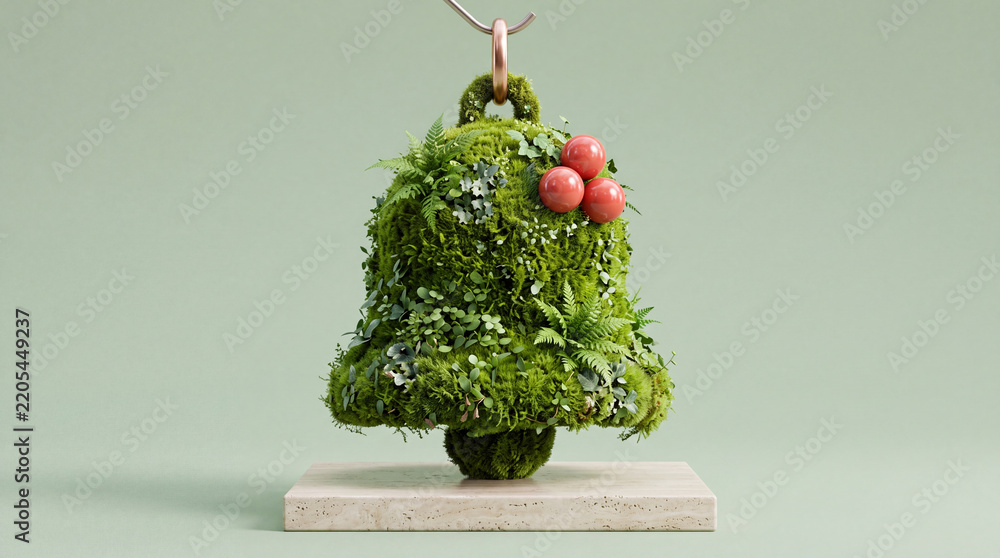Obraz premium Eco-friendly Christmas bell ornament crafted from lush green moss, ferns, and small plants decorated with red berries, hanging on a metal hook over a stone base against a soft green background