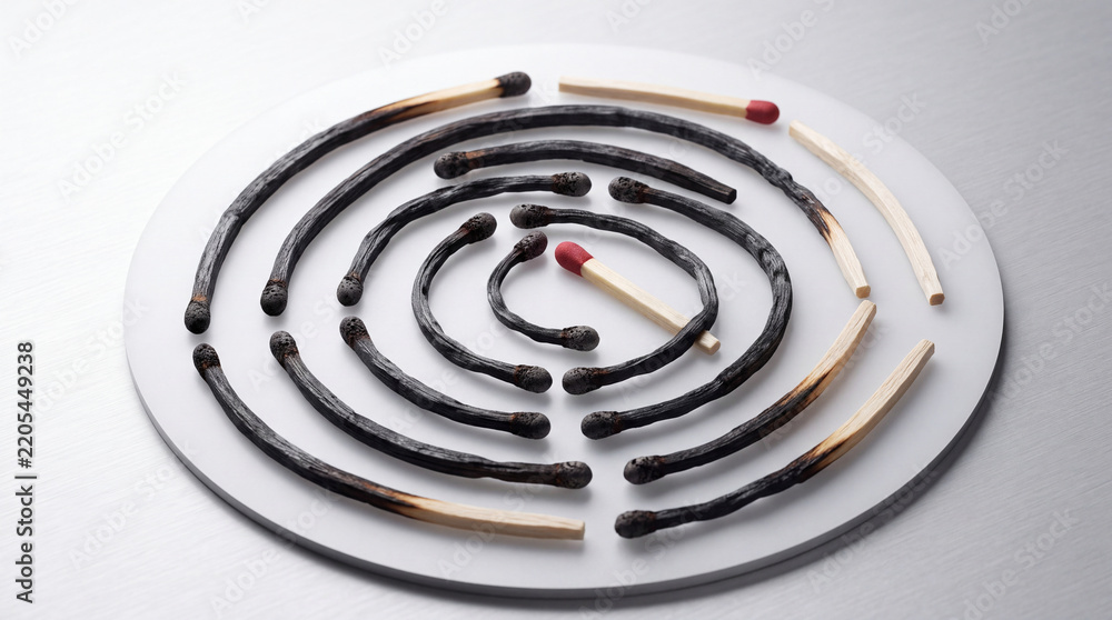 Obraz premium Conceptual abstract image of burnt matchsticks arranged in concentric circles with unburnt matches, representing social distancing, safety, and breaking the chain of a reaction.