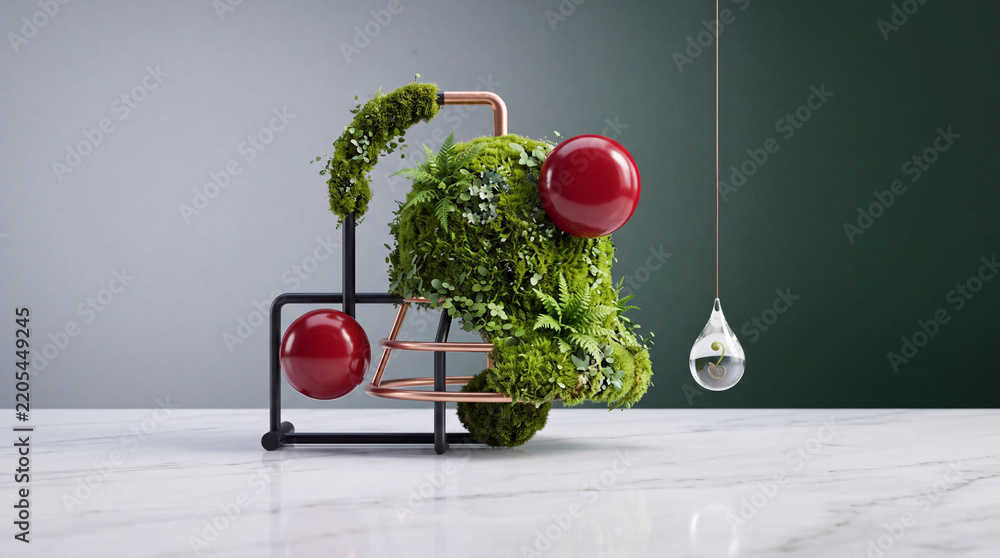 Obraz premium Conceptual biophilic art installation featuring lush green moss, ferns, and red spheres on a minimalist copper frame with a hanging glass water drop containing a sprout on marble surface
