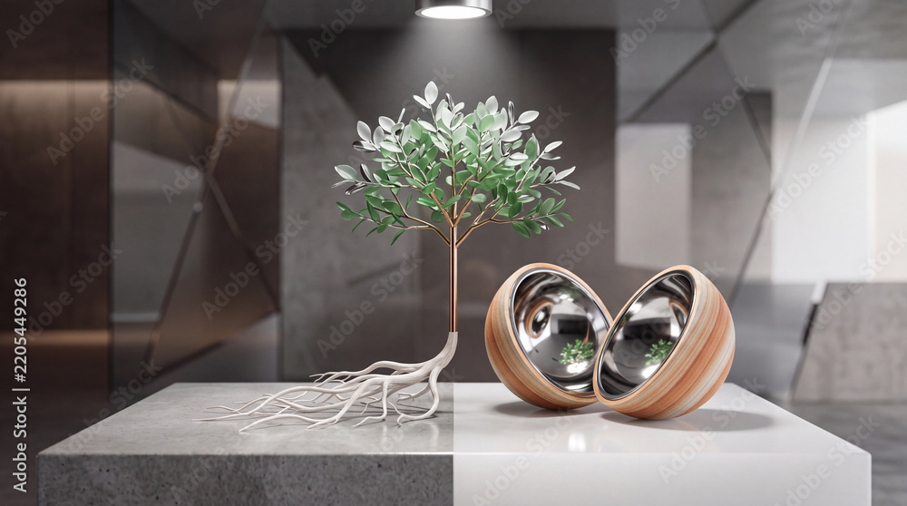 Obraz premium Conceptual Artificial Tree with Metallic Leaves and Exposed Roots Standing Next to a Split Decorative Sphere on a Modern Table in a Minimalist Architectural Environment - Growth and Innovation