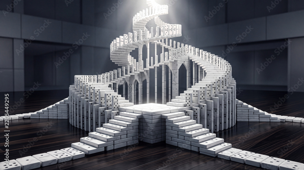 Obraz premium Complex conceptual 3D illustration of a grand spiral staircase and intricate architectural structure meticulously built from white marble dominoes leading upward toward a bright glowing light.