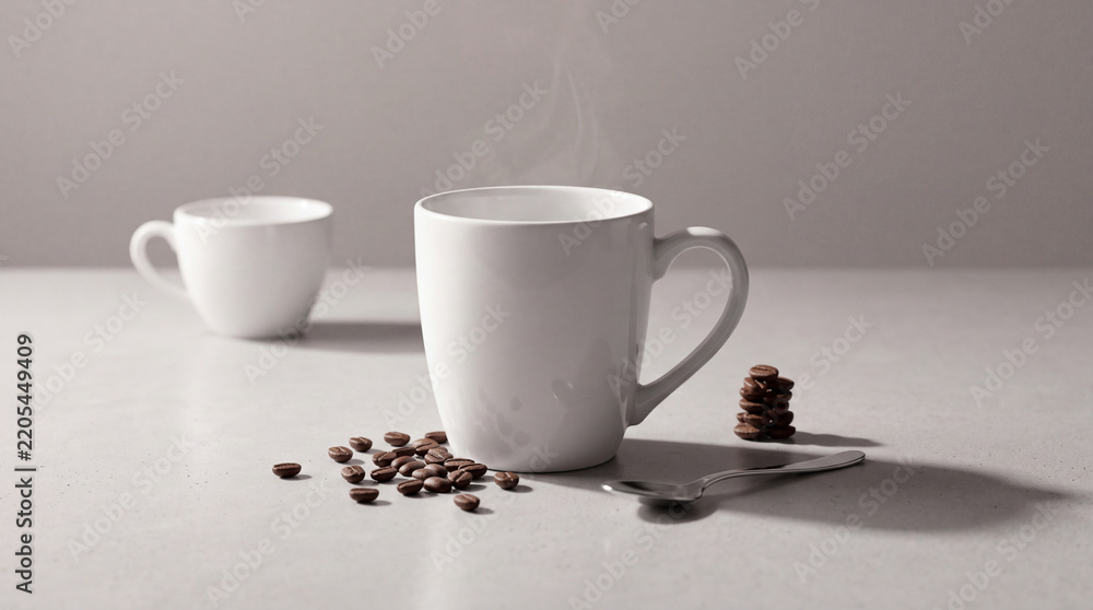 Obraz premium Minimalist composition of a steaming white ceramic mug of coffee with roasted beans and a spoon on a neutral background, creating a cozy morning atmosphere or office break concept.