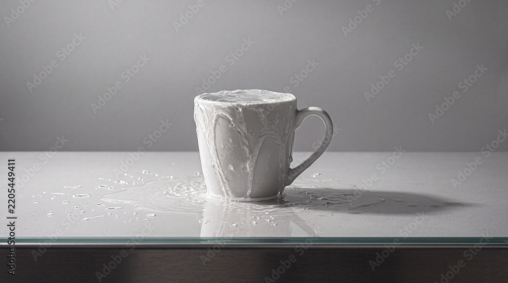 Obraz premium Minimalist studio shot of fresh white milk overflowing from a ceramic coffee mug onto a clean white surface, capturing the dynamic motion of liquid splashing and dripping in high-key lighting.
