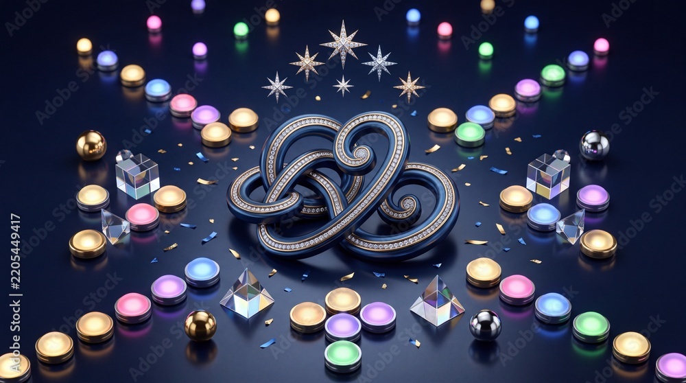 Obraz premium Conceptual 3D illustration of a futuristic digital banking interface with luxury jeweled symbols and glowing interactive keypad buttons for secure wealth management and finance