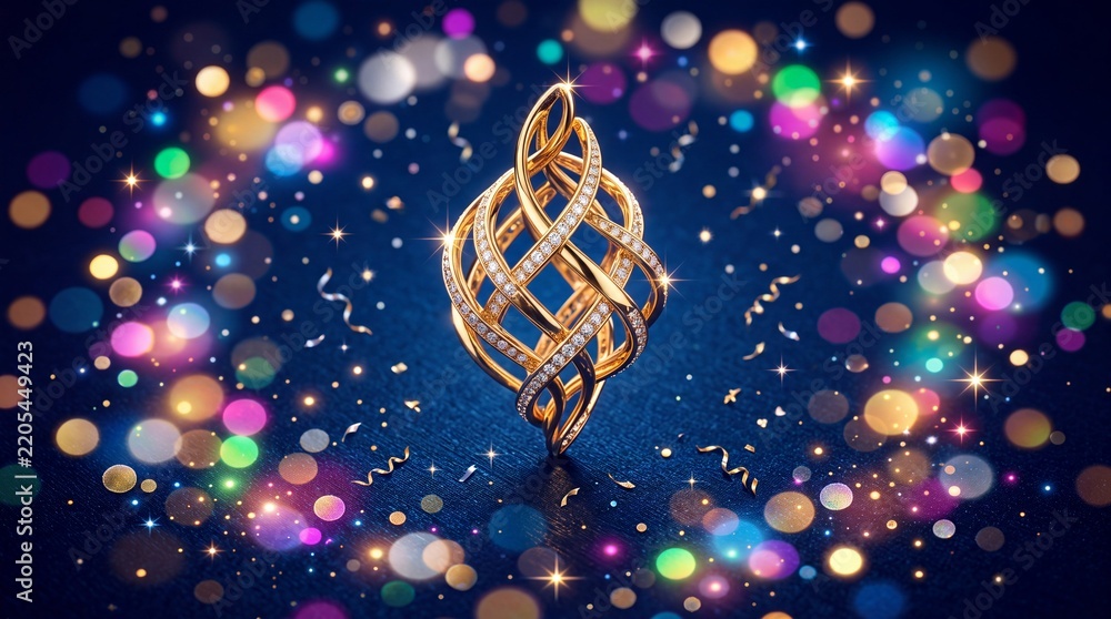 Obraz premium Luxury Elegant Gold Jewelry Piece with Diamonds Floating Over a Dark Blue Background with Festive Colorful Bokeh Lights and Golden Confetti for Celebratory Gift Concepts