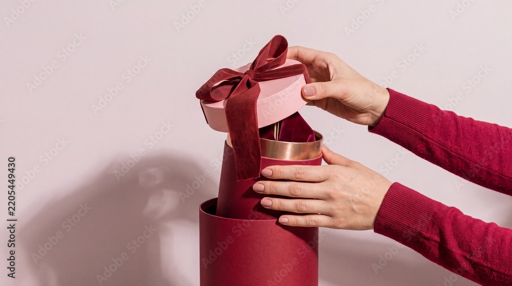 Obraz premium Woman Hands Opening Elegant Nested Burgundy and Pink Gift Boxes with Velvet Ribbon, Luxury Surprise Presentation Concept for Valentine's Day, Birthday or Holiday Celebration Background