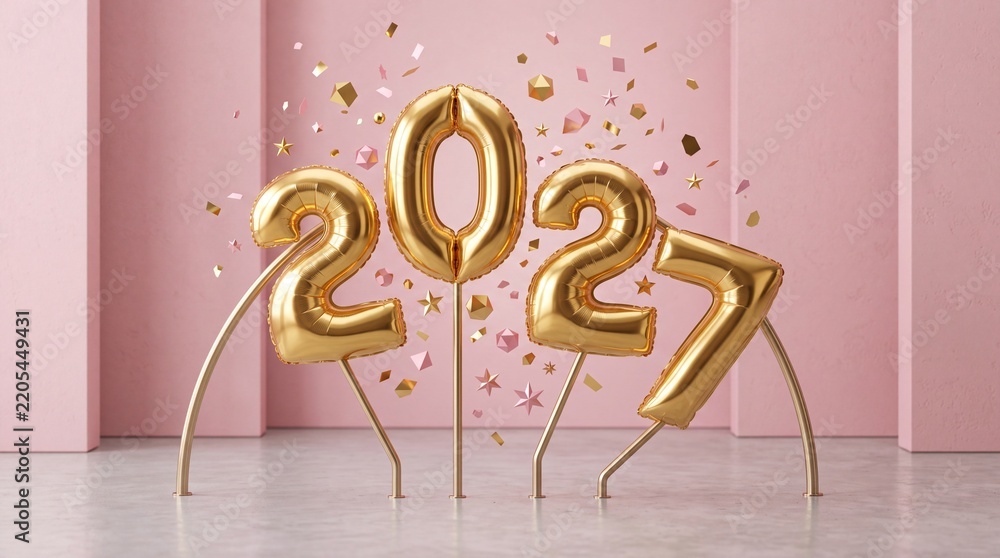 Obraz premium Happy New Year 2027 Celebration Concept with Golden Foil Number Balloons and Confetti on a Pink Pastel Background with Decorative Arches and 3D Festive Elements for Holiday Greeting Cards