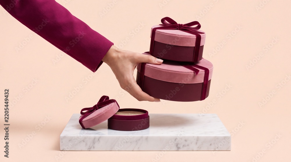 Obraz premium Close up of a woman's hand holding a stack of elegant round velvet gift boxes in pink and burgundy colors with ribbons over a marble slab against a peach background for luxury branding.