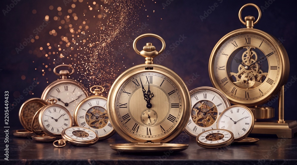 Obraz premium Elegant collection of vintage golden pocket watches and antique mechanical clocks with roman numerals and visible internal gears arranged on a dark table with magical golden bokeh sparkles.
