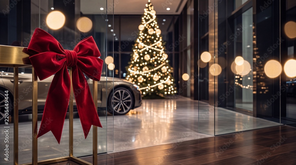 Obraz premium Modern Luxury Car in a High-End Showroom Decorated for Christmas Featuring a Large Red Velvet Gift Bow in the Foreground and a Brightly Lit Holiday Tree in the Background for Festive Promotions.