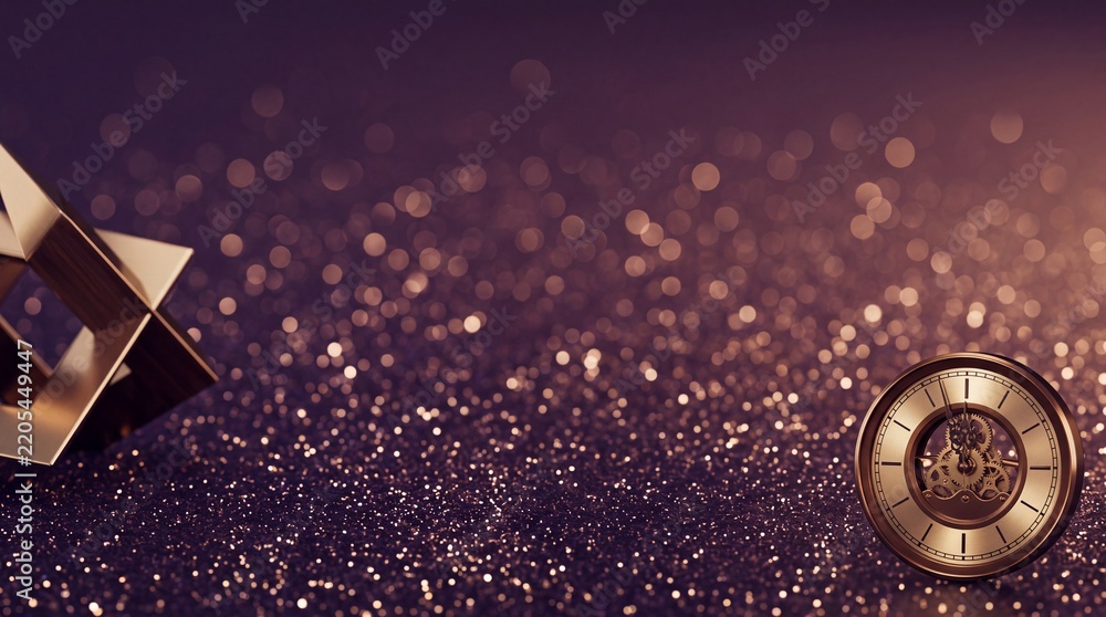 Obraz premium Elegant golden mechanical clock face and abstract geometric star sculpture resting on luxury purple sparkling glitter background with bokeh lights for New Year celebration or time concept banner
