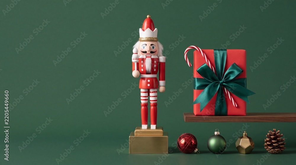 Obraz premium Festive Christmas Still Life Featuring a Traditional Red Wooden Nutcracker Soldier, a Wrapped Red Gift Box with Green Ribbon, Candy Cane, and Holiday Ornaments on a Minimalist Green Background.