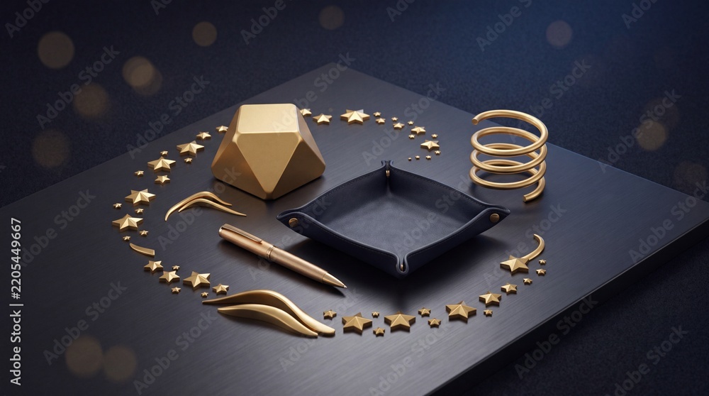 Obraz premium Elegant Collection of Golden Desk Accessories and Decorative Objects Including a Pen, Tray, and Geometric Sculptures Arranged on a Sophisticated Dark Surface for a Luxury Office Concept.