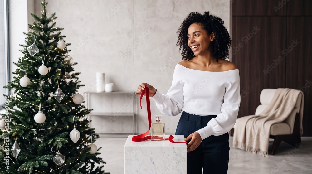 Obraz premium Happy African American woman smiling while holding a red ribbon near a luxury glass perfume bottle on a marble pedestal, standing in a minimalist interior with a decorated Christmas tree.