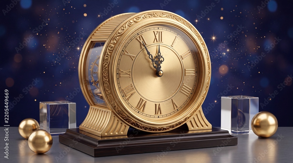 Obraz premium Luxury Vintage Golden Mantel Clock with Roman Numerals Against a Dark Blue Bokeh Background with Golden Spheres and Sparkles, Perfect for New Year Countdown or Elegant Time Management Concept