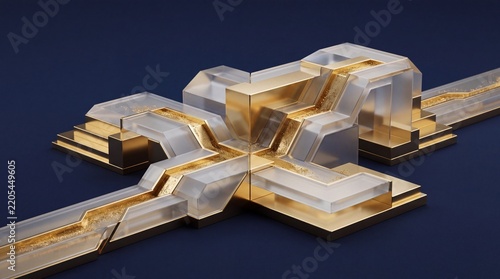 Modern abstract 3D geometric structure representing financial technology, wealth, and digital banking data flow with gold and frosted glass textures on a dark blue background.