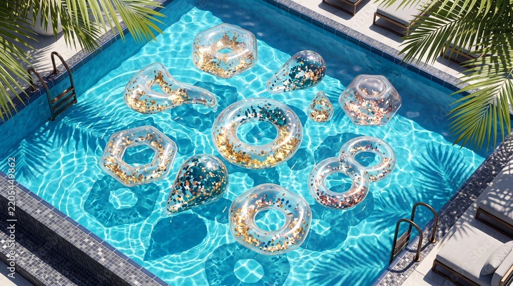 Obraz premium High Angle View of a Luxury Swimming Pool with Multiple Transparent Inflatable Floats and Rings Filled with Sparkling Golden Confetti, Tropical Resort Vacation and Summer Party Concept