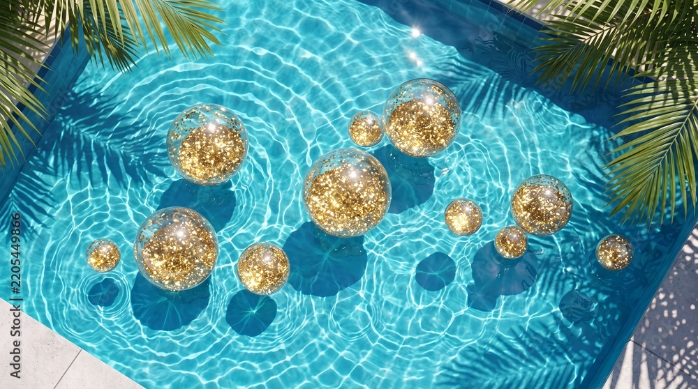Obraz premium Luxury Tropical Swimming Pool Background with Gold Glitter Floating Spheres and Palm Leaf Shadows on Clear Blue Ripple Water, Summer Vacation and Celebration Concept at High Angle