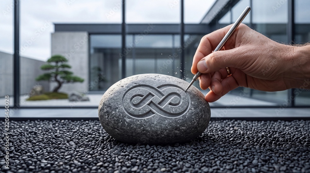Obraz premium Close-up of a Craftsman Hand Carving an Infinity Symbol into a Smooth Stone in a Modern Zen Garden Setting, Representing Eternity, Mindfulness, and Precise Handcraftsmanship