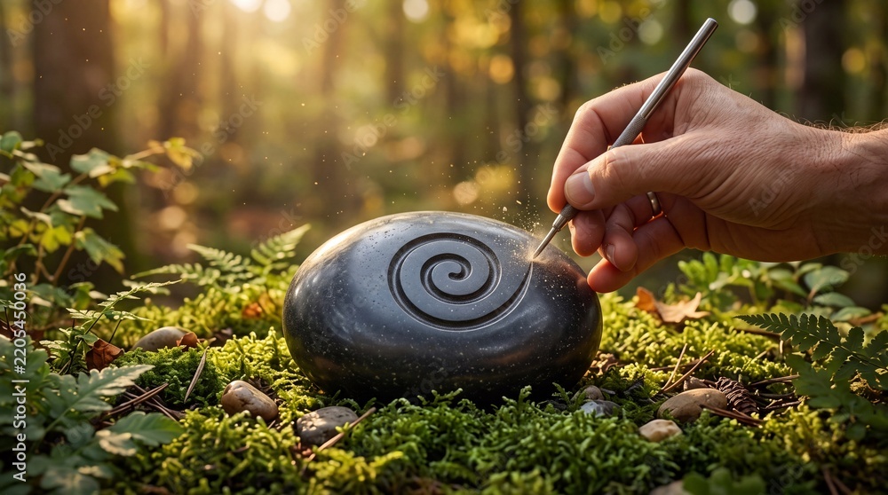 Obraz premium Close-up of an artist hand engraving a spiral symbol onto a smooth black stone in a lush mossy forest during sunset, reflecting concepts of spirituality, ancient craft, and nature harmony.