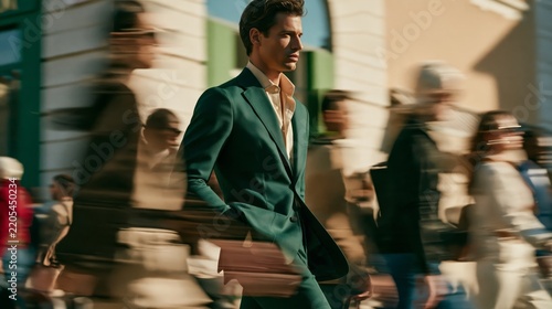 Elegant Man in Emerald Green Jacket and Ivory Silk Shirt with Motion Blurred Pedestrians, Daytime Urban Fashion Portrait, Christmas and New Year Menswear Campaign
