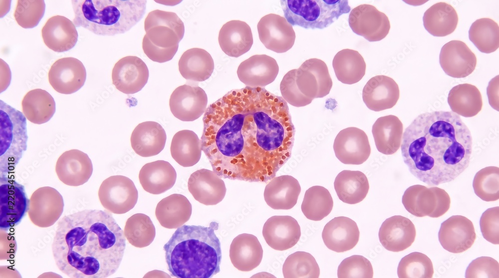 Fototapeta premium Illustrative image of eusinophylls and other blood cells seen through a microscopy 
