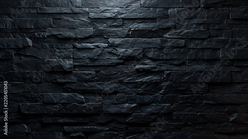 Black Slate Stone Wall Texture Background with Dramatic Lighting